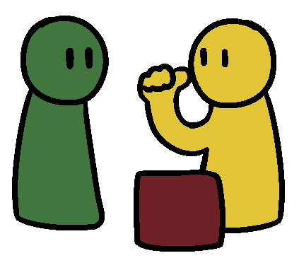 A green and yellow figure, the yellow is pointing to themself with a red cube in front of them.